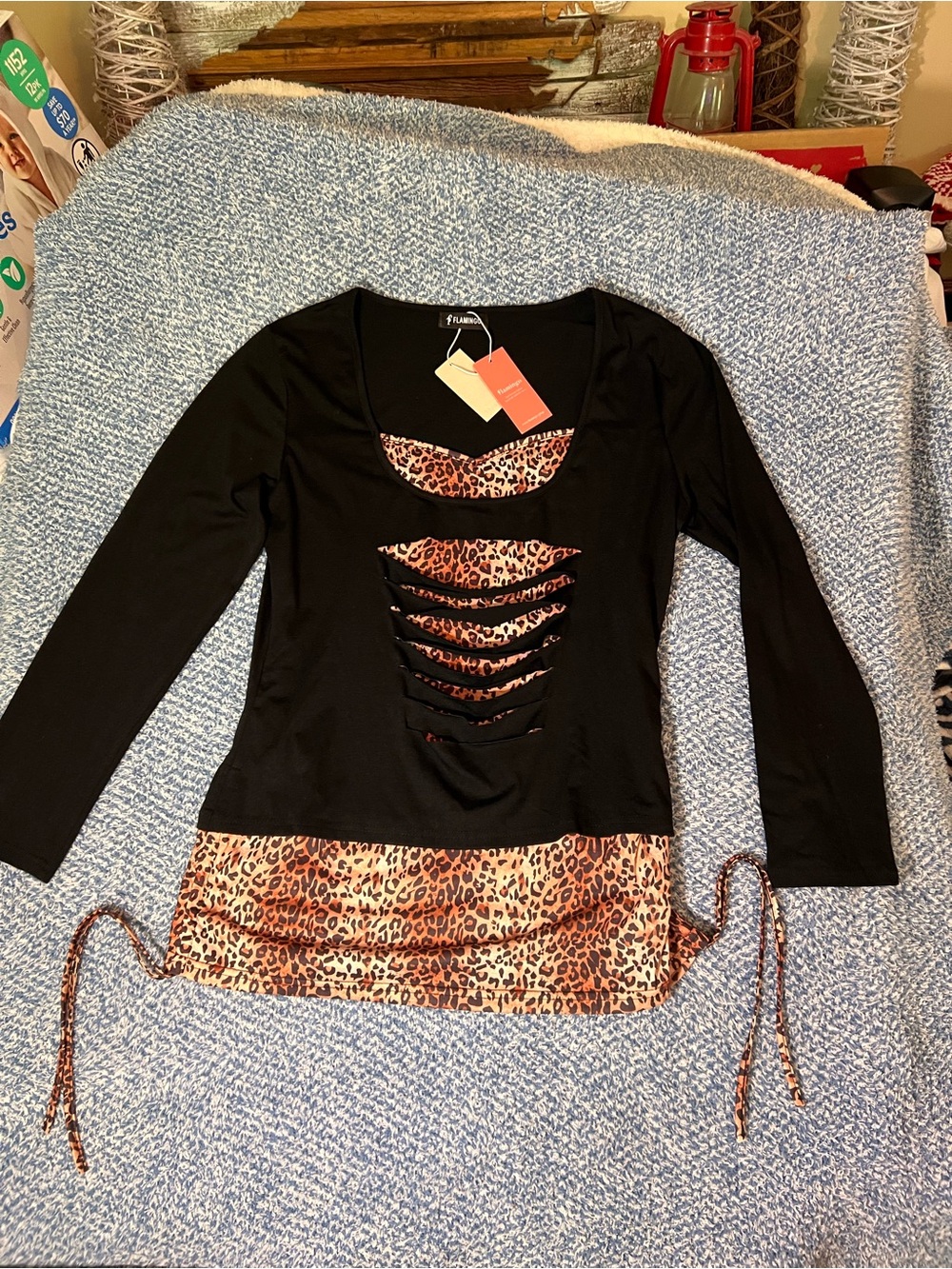 Fabulous Black Long-Sleeve Top with Leopard Trim